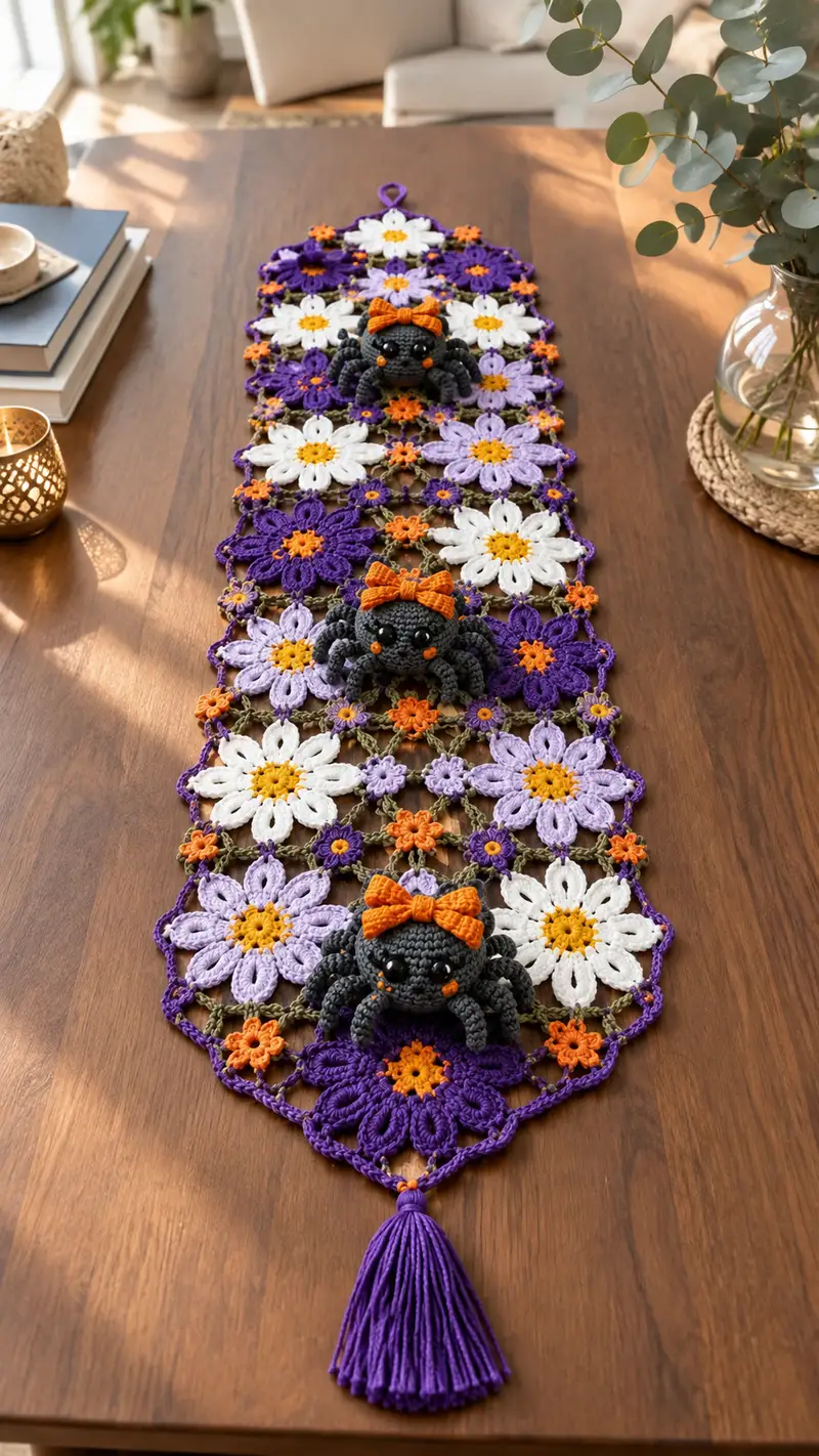 Floral Halloween Table Runner Pattern crochet pattern - detailed view of completed project