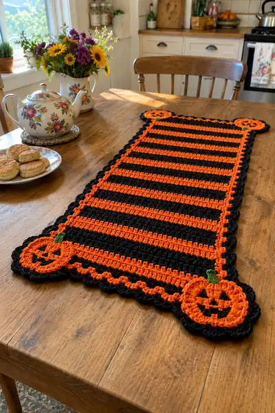 Black and Orange Striped Halloween Table Runner with Pumpkin Corners Pattern step 1 - construction progress