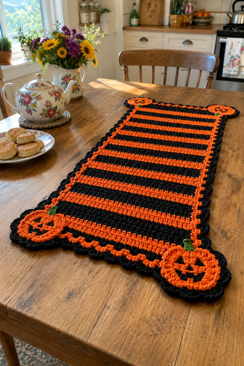 Black and Orange Striped Halloween Table Runner with Pumpkin Corners Pattern crochet pattern - detailed view of completed project