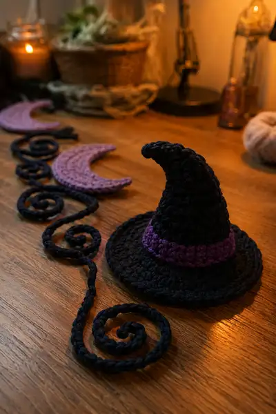 Midnight Spiral Halloween Garland with Witch Hats and Moons Pattern step 2 - assembly progress