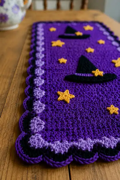 Purple Witch Halloween Table Runner Pattern step 2 - assembly progress
