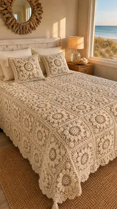 Antique Cream Floral Granny Bedspread Pattern step 1 - construction progress