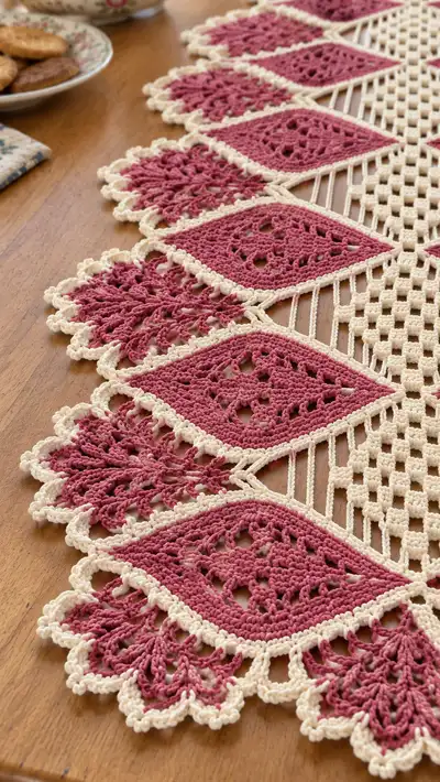 Vintage Diamond Lace Table Runner Pattern step 2 - assembly progress