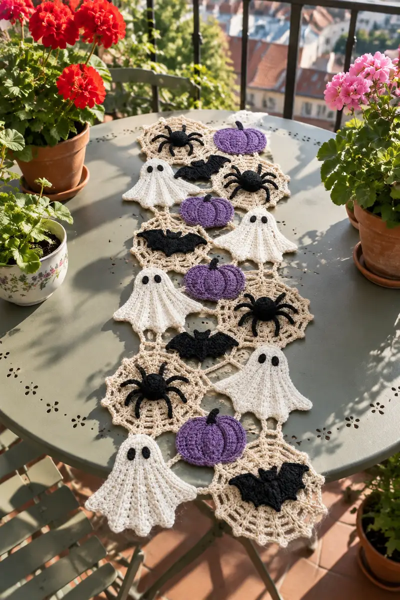 Ghost and Spider Halloween Table Runner Pattern crochet pattern - detailed view of completed project