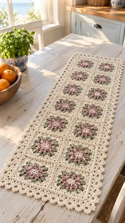 Vintage Floral Granny Square Table Runner Pattern step 1 - construction progress