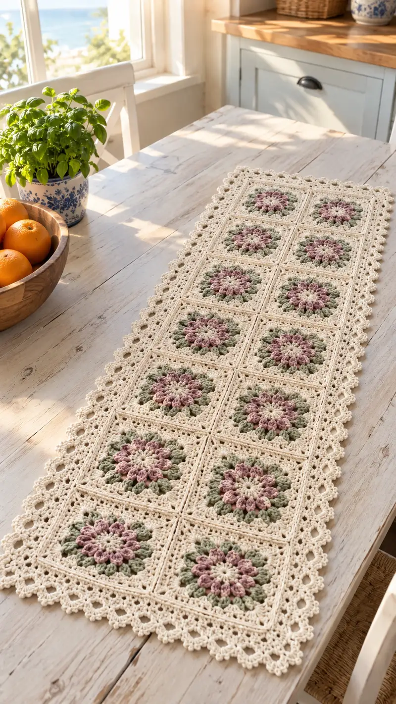 Vintage Floral Granny Square Table Runner Pattern crochet pattern - detailed view of completed project