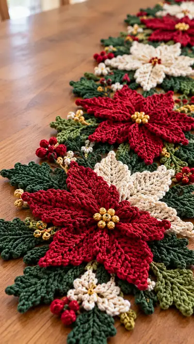 Poinsettia Table Runner Crochet Pattern step 2 - assembly progress