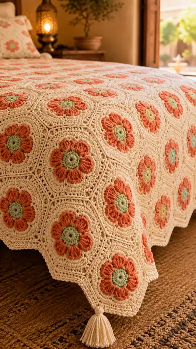 Coral Terracotta Flower Granny Bedspread Pattern step 2 - assembly progress