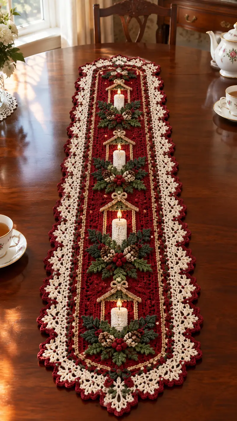 Burgundy Candle Pinecone Crochet Table Runner Pattern crochet pattern - detailed view of completed project