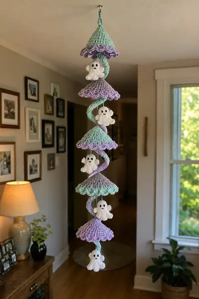 Mint and Lilac Roof Spiral Garland with Smiling Ghosts Amigurumi Pattern step 1 - construction progress