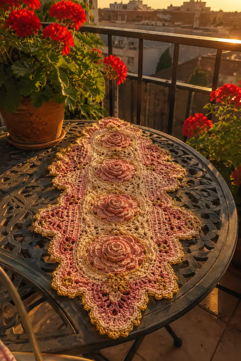 Baroque Rose Medallion Table Runner in Blush and Gold Pattern crochet pattern - detailed view of completed project