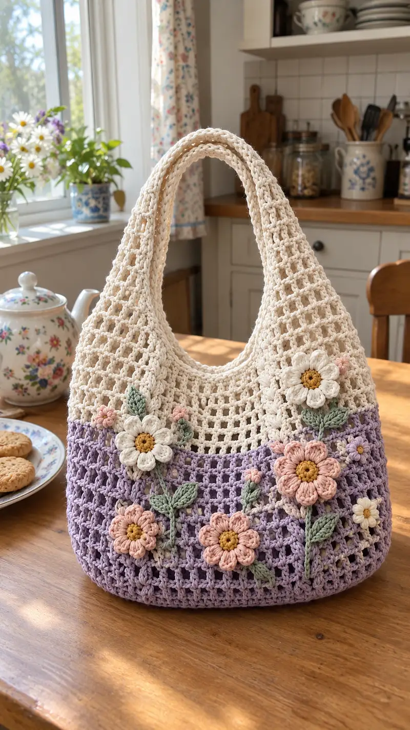 Pastel Floral Mesh Market Bag Pattern crochet pattern - detailed view of completed project