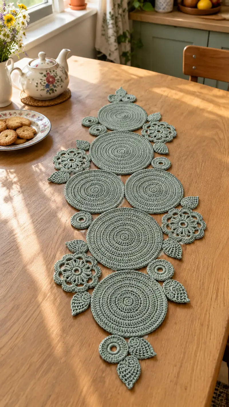 Sage Botanical Circle Table Runner Pattern crochet pattern - detailed view of completed project