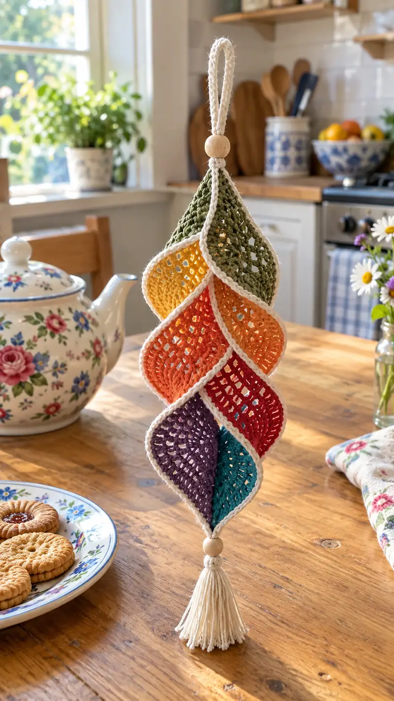 Rainbow Spiral Hanging Ornament Pattern crochet pattern - detailed view of completed project