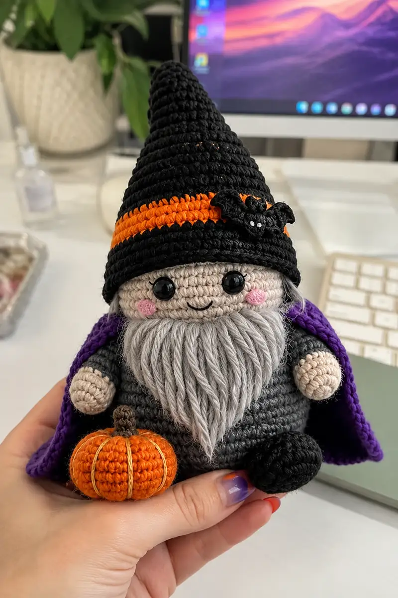 Spooky Halloween Gnome Amigurumi Pattern crochet pattern - detailed view of completed project