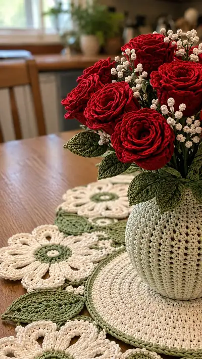 Vintage Rose Bouquet and Doily Set Pattern step 2 - assembly progress