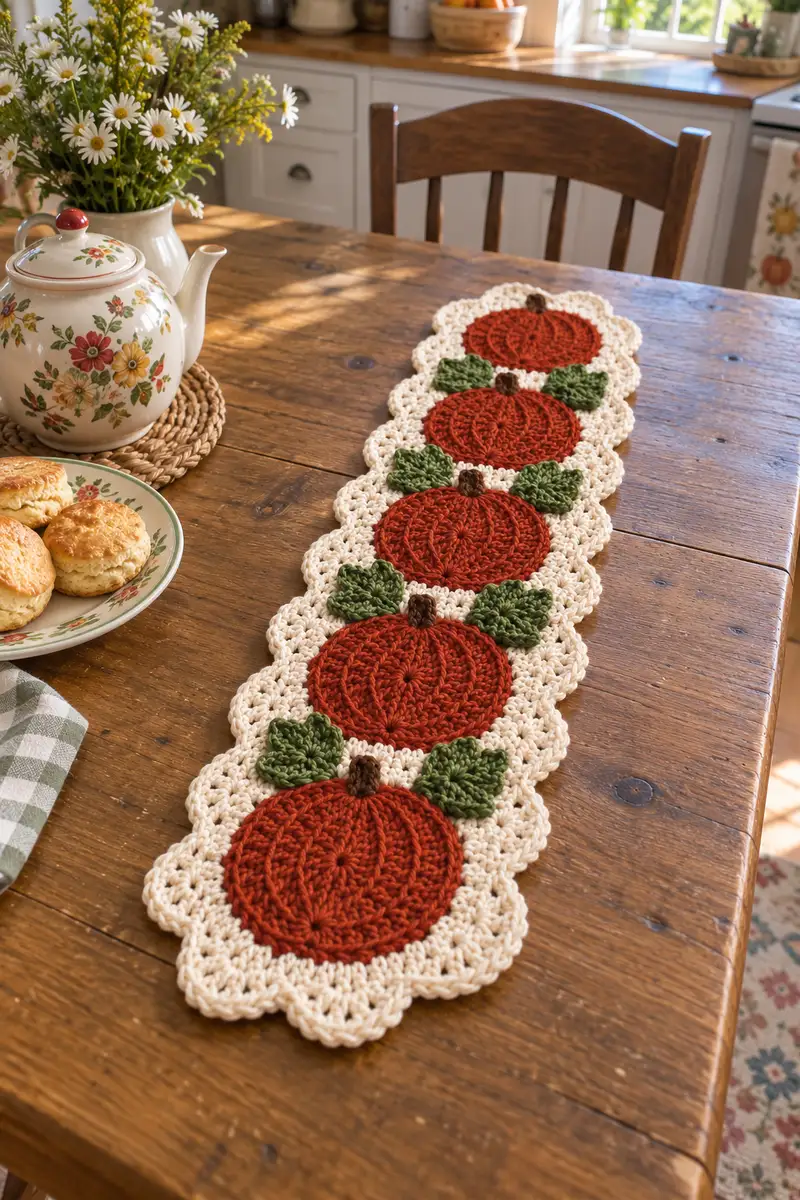 Autumn Pumpkin Table Runner Pattern crochet pattern - detailed view of completed project