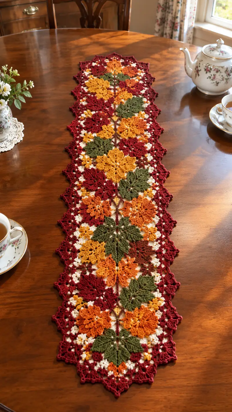 Autumn Leaf & Blossom Table Runner Pattern crochet pattern - detailed view of completed project