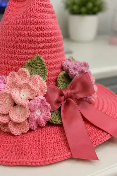 Big Tall Coral Pink Spiral Witch Hat with Hydrangeas and Satin Bow Pattern step 2 - assembly progress