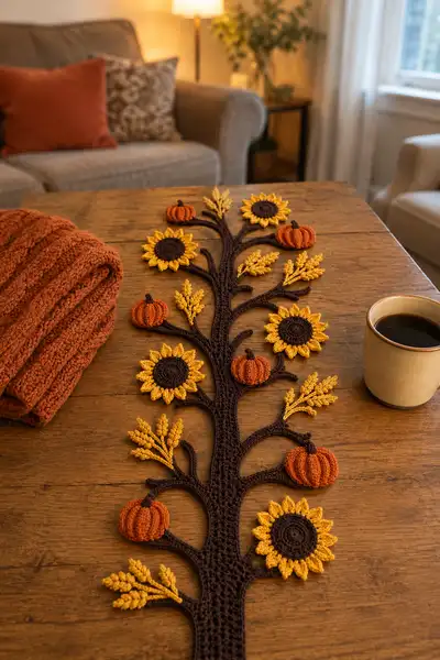 Sunflower and Wheat Tree Table Runner Pattern step 1 - construction progress