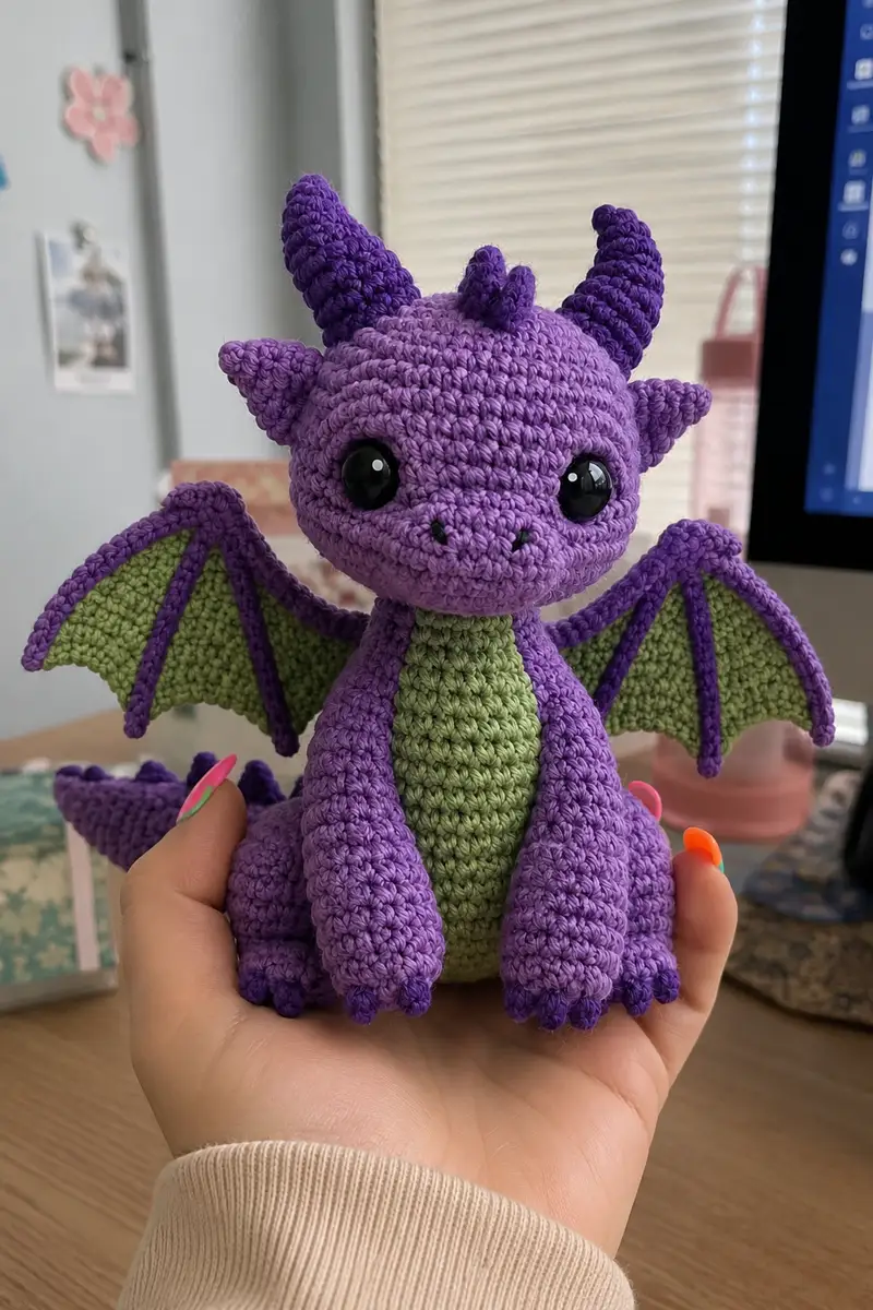 Purple Demon Dragon with Bat Wings and Green Belly Amigurumi Pattern crochet pattern - detailed view of completed project