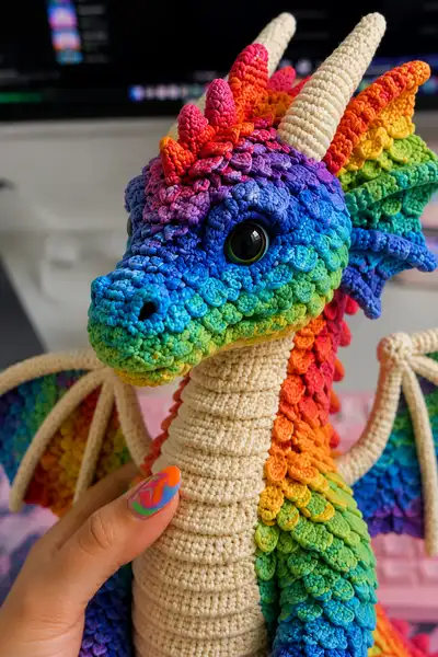 Giant Rainbow Scale Dragon Amigurumi Pattern step 2 - assembly progress