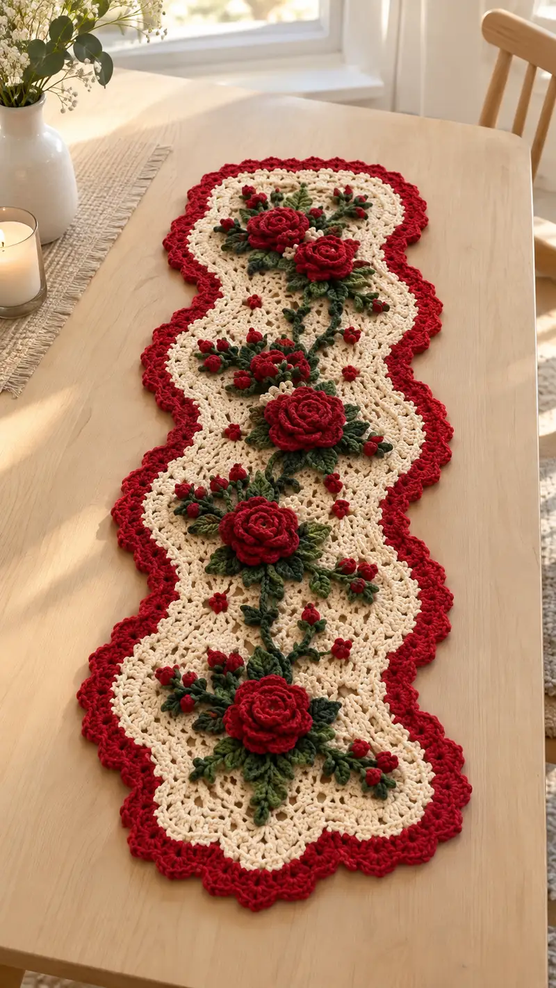 Red Rose And Cream Lace Table Runner Pattern crochet pattern - detailed view of completed project