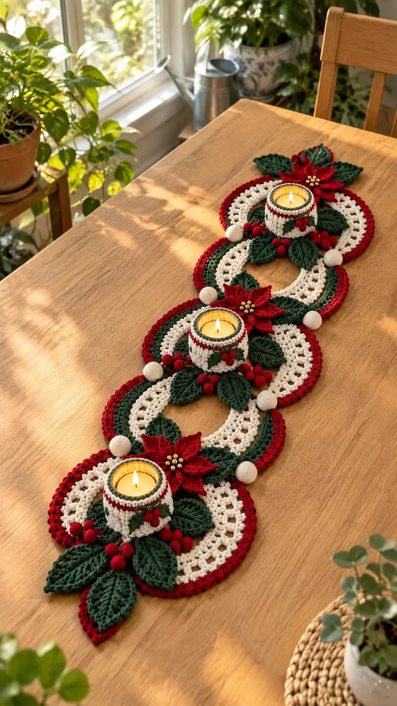 Festive Poinsettia Table Runner Pattern crochet pattern - detailed view of completed project
