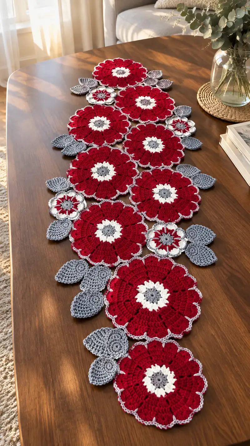 Poppy Bloom Table Runner Pattern crochet pattern - detailed view of completed project