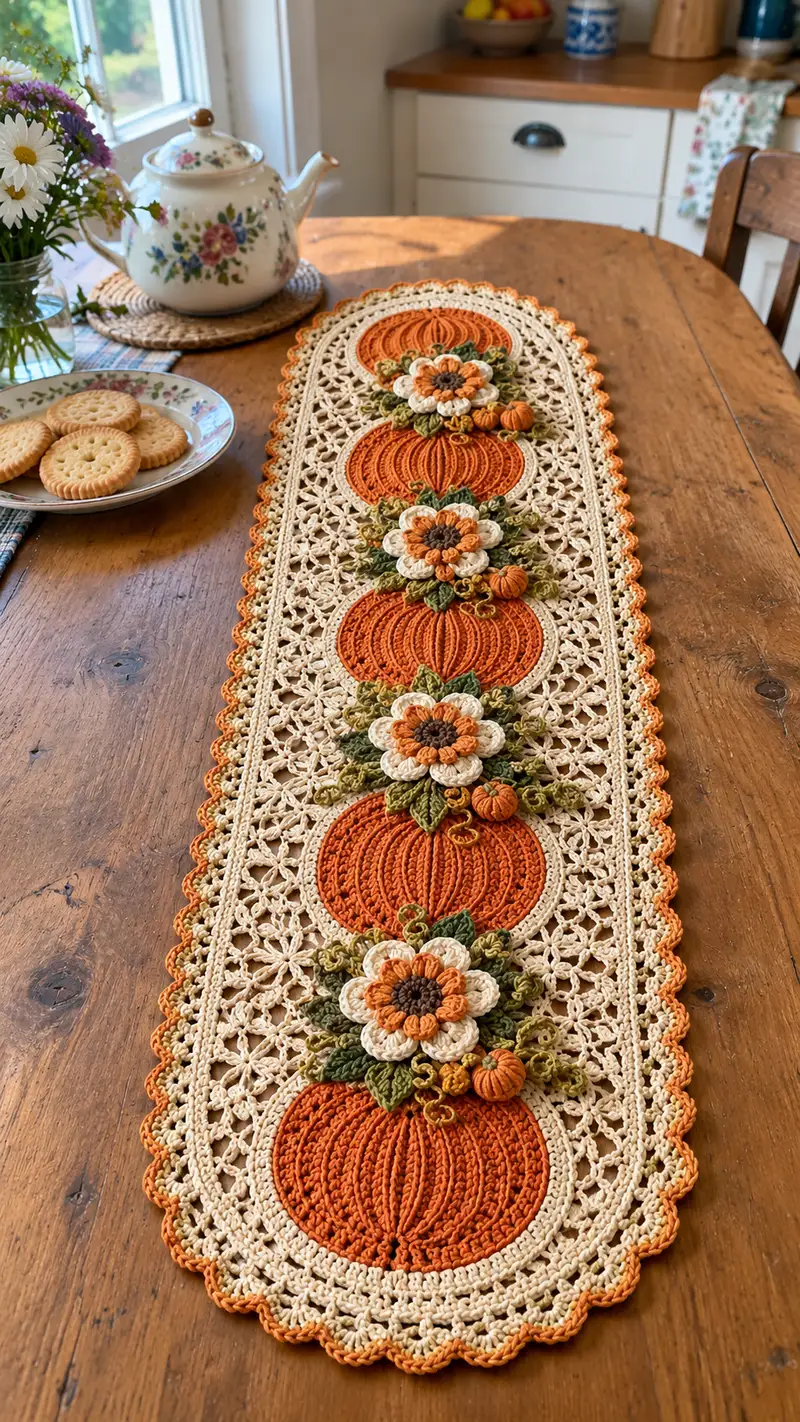 Autumn Pumpkin Table Runner Pattern crochet pattern - detailed view of completed project
