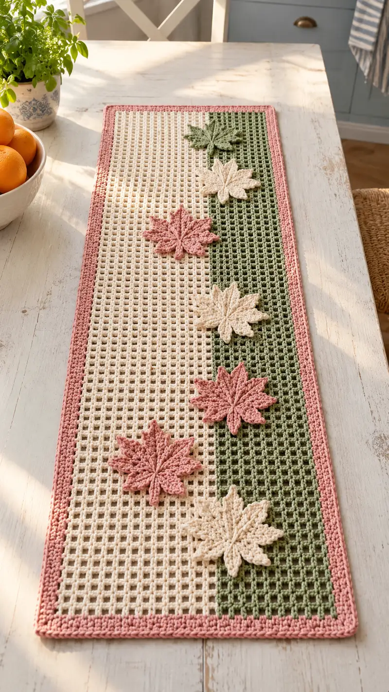 Autumn Maple Table Runner Pattern crochet pattern - detailed view of completed project