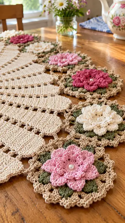 Vintage Floral Fan Table Runner Pattern step 2 - assembly progress