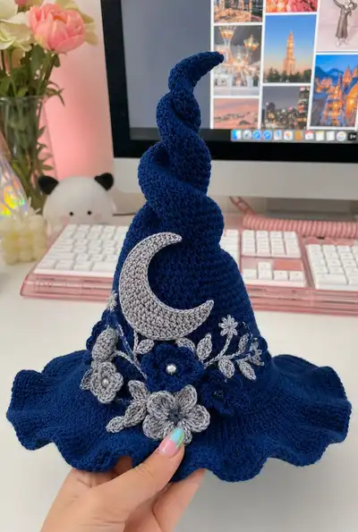 Big Midnight Blue Spiral Witch Hat with Silver Moon and Flowers Pattern step 1 - construction progress