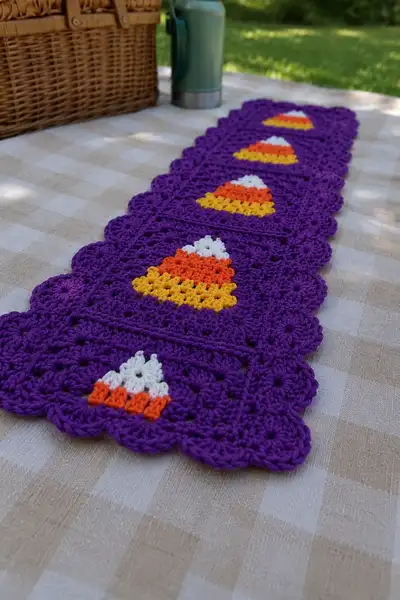Purple Granny Square Strip Table Runner with Candy Corn Squares Pattern step 2 - assembly progress