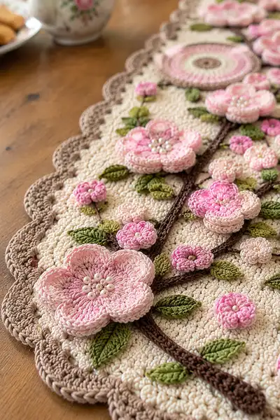 Cherry Blossom Crochet Table Runner Pattern step 2 - assembly progress