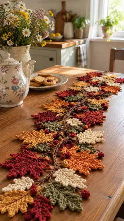 Autumn Leaves Crochet Table Runner Pattern step 1 - construction progress