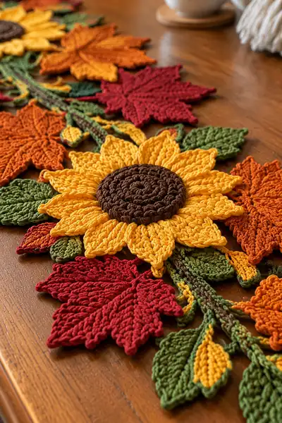 Fancy Detached Maple Leaf and Sunflower Table Runner with Braided Vine Spine Pattern step 2 - assembly progress