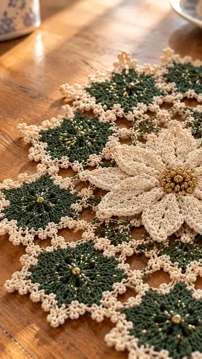 Vintage Poinsettia Table Runner Pattern step 2 - assembly progress