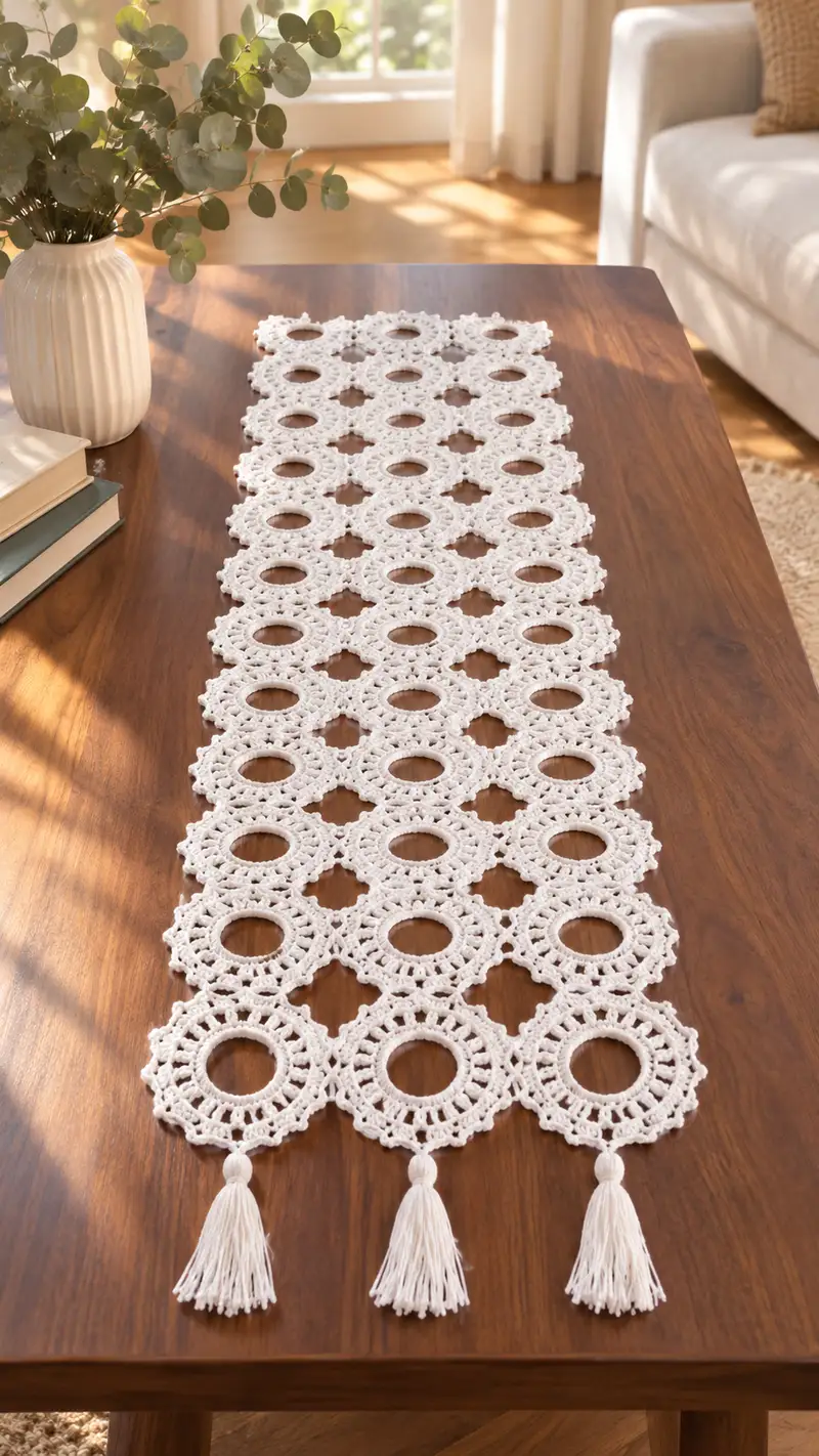 Free crochet pattern: Lacy Circle Crochet Table Runner Pattern - Intermediate level tutorial