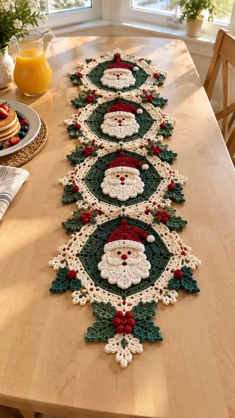 Forest Green And Cranberry Santa Table Runner Pattern crochet pattern - detailed view of completed project