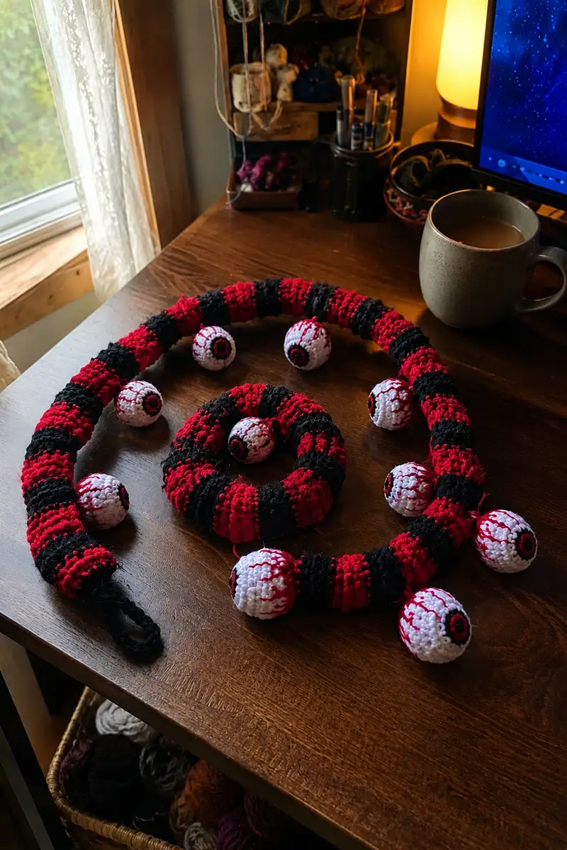 Black and Red Spiral Halloween Garland with Bloody Eyeballs Pattern crochet pattern - detailed view of completed project