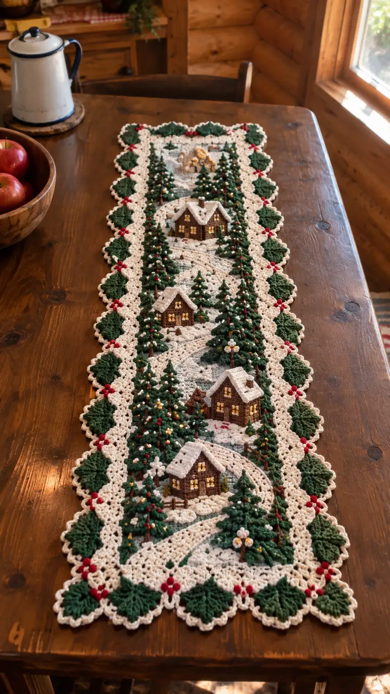 Forest Green Cream Winter Village Table Runner Pattern crochet pattern - detailed view of completed project