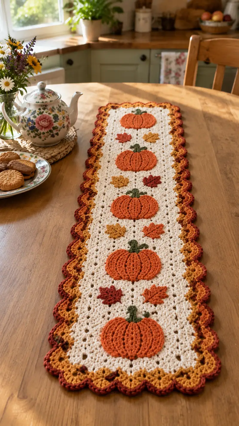 Autumn Pumpkins Table Runner Pattern crochet pattern - detailed view of completed project