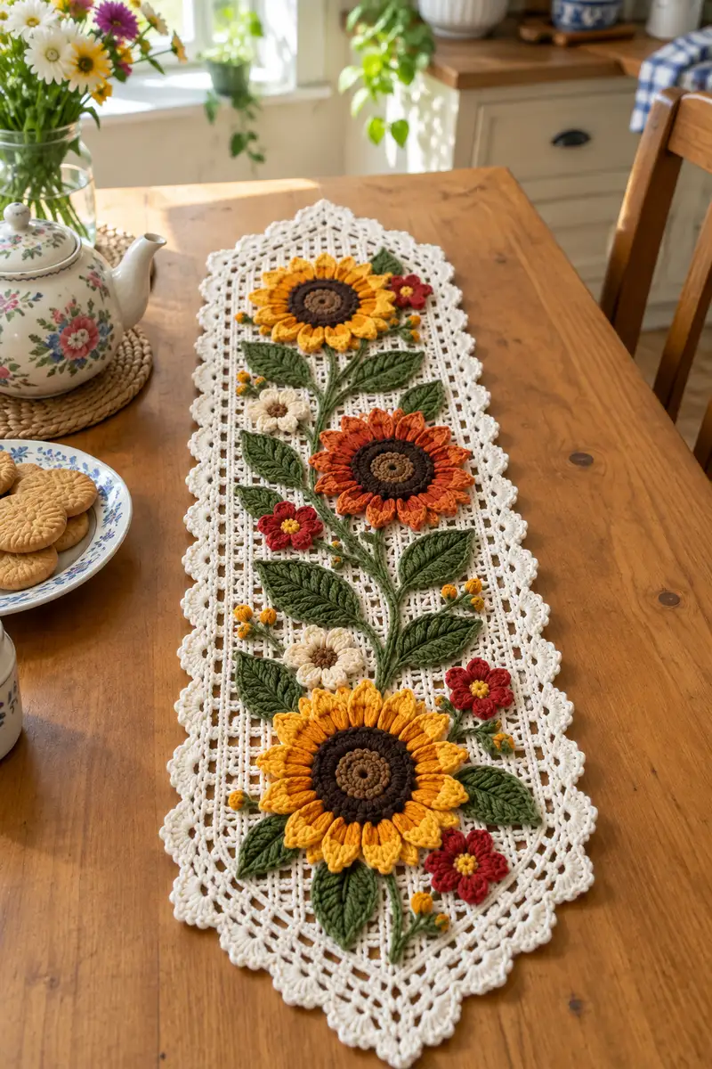 Sunflower Meadow Table Runner Pattern crochet pattern - detailed view of completed project