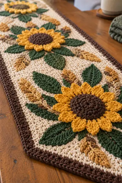 Rustic Sunflower and Wheat Sheaf Table Runner Pattern step 2 - assembly progress
