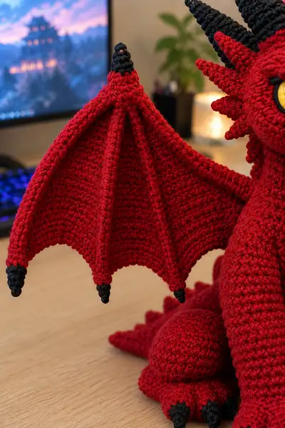 Scarlet Dragon Plush Amigurumi Pattern step 2 - assembly progress