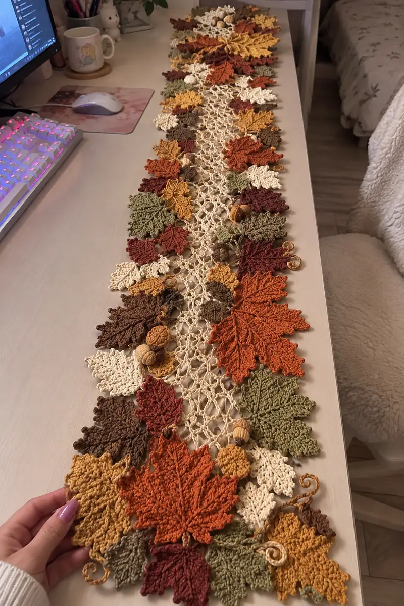 Autumn Maple Leaf Table Runner Pattern crochet pattern - detailed view of completed project