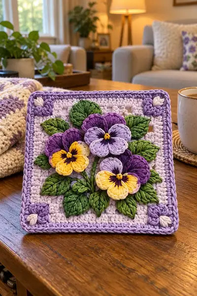 Velvet Violet Pansy Granny Square Bedspread Pattern step 2 - assembly progress