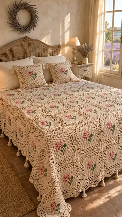 Cream Rose Granny Square Bedspread Pattern step 1 - construction progress