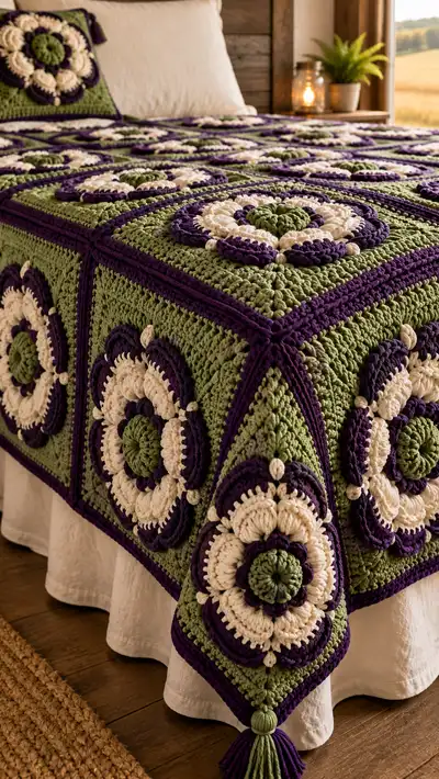 Plum Meadow Granny Square Bedspread Pattern step 2 - assembly progress